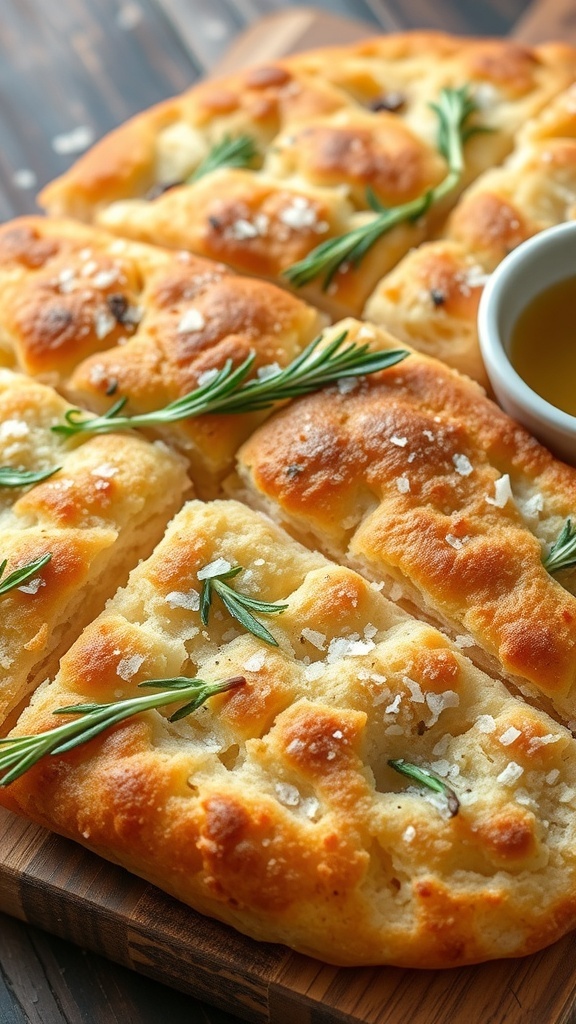 A golden-brown focaccia bread topped with rosemary and sea salt, sliced into squares on a wooden board with olive oil.